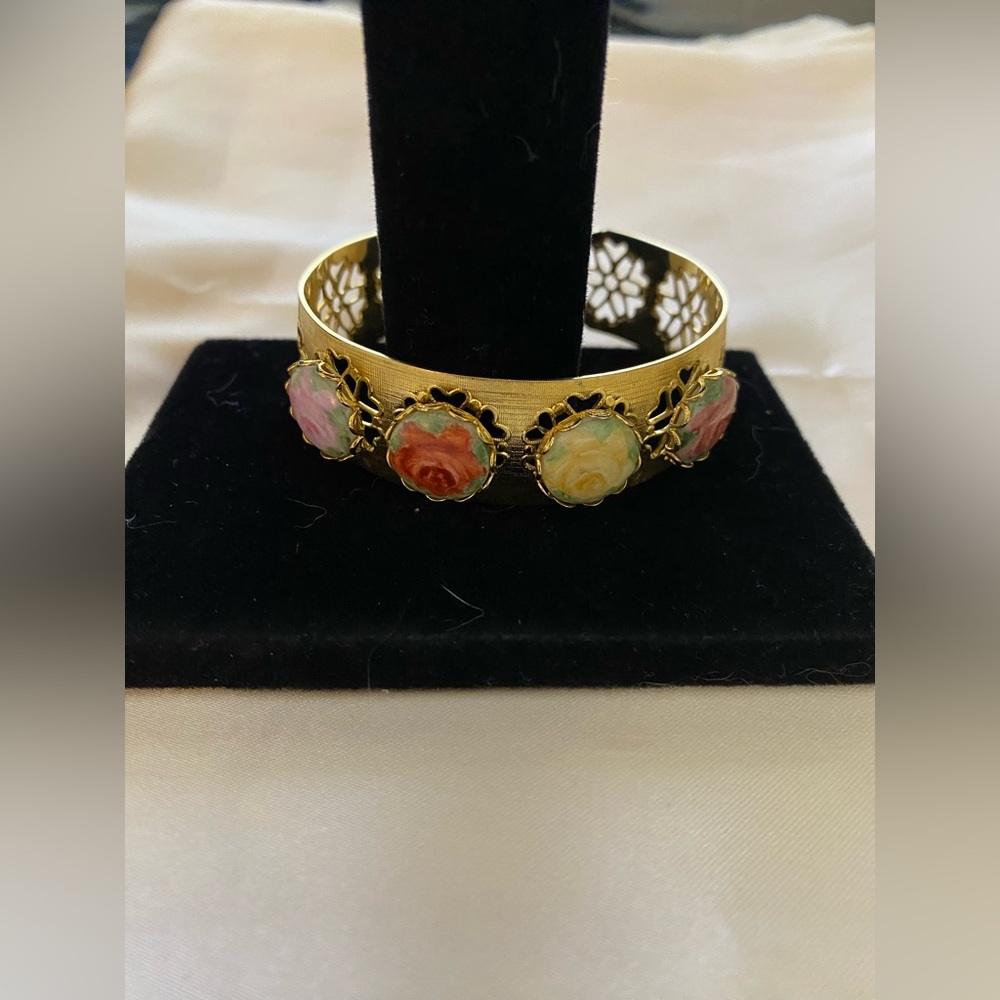 Vintage Rose Floral Porcelain Cameo Bracelet Cuff Gold Tone Openwork Bangle